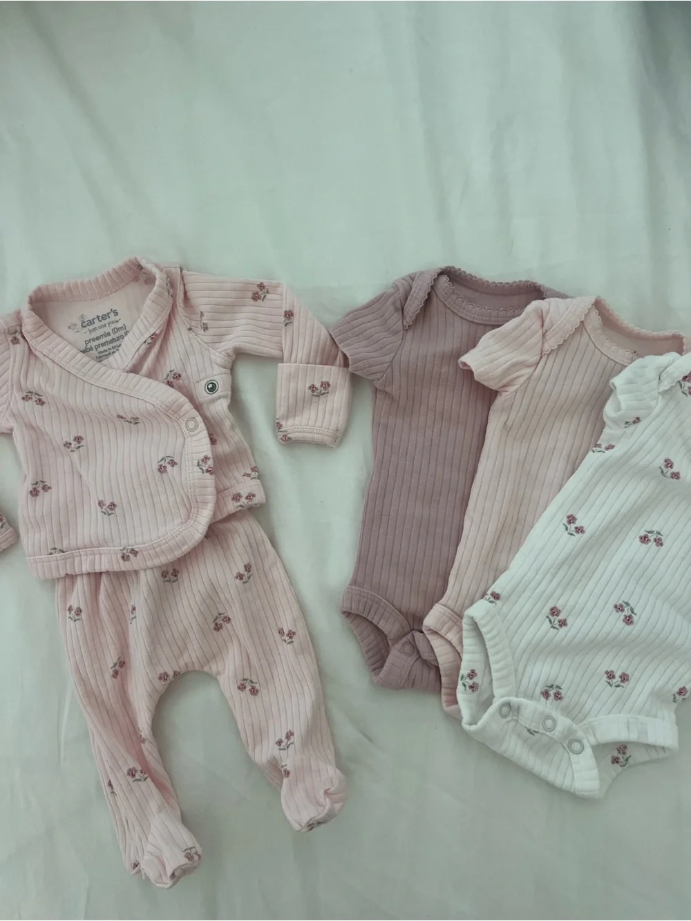 Carter's Ribbed Pink Floral Baby Girl Preemie bundle - Footies Pajama PJ Onesie - Picture 2 of 4